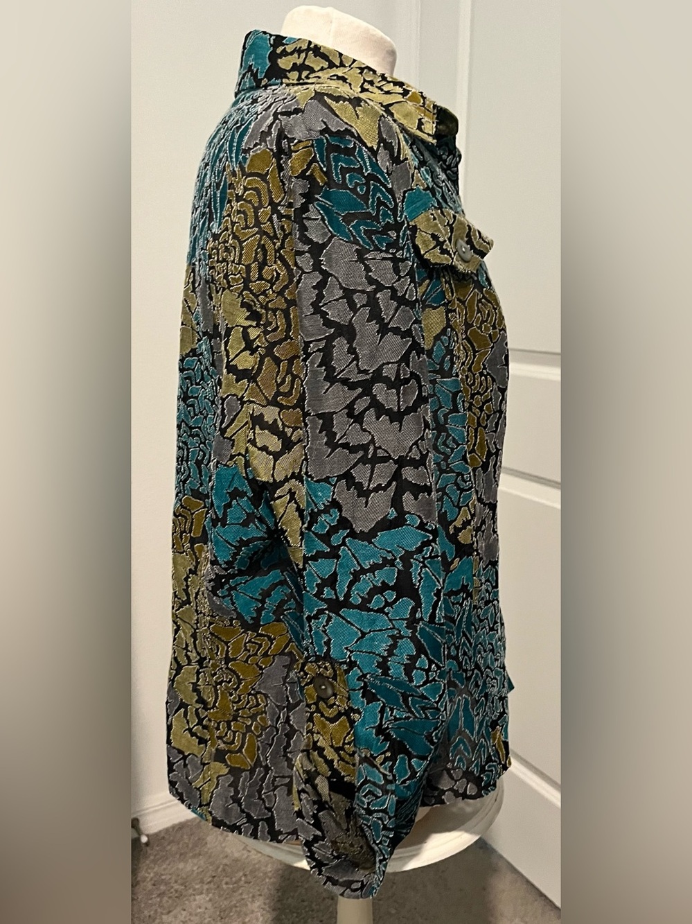 Ruby Rd. Floral Button-Down Shirt in Teal, Olive & Gray - Picture 3 of 7